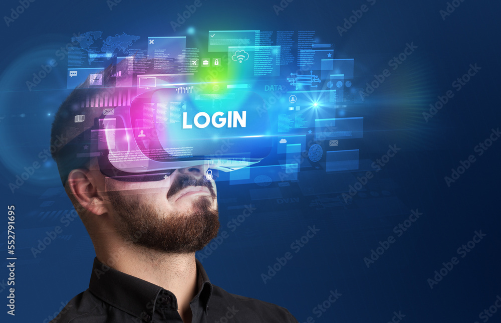 Businessman looking through Virtual Reality glasses Businessman looking through Virtual Reality glasses