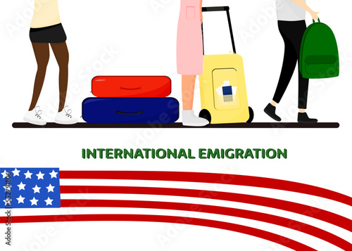emigration to the usa. People of different nationalities with luggage move to the United States of America. Vector illustration in flat style