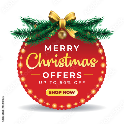 Merry Christmas offers sale, up to 50% off, round red discount web banner, SM post, digital ad, logo, mnemonic, template design, unit, icon, concept, poster, wrapped with garland isolated background