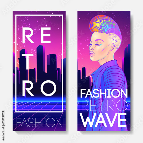 Futuristic synth wave style. Retroparty flyer template. Portrait of a young pretty androgynous woman with short shaved pixie undercut in retro futurism style. Vector illustration in neon bright colors