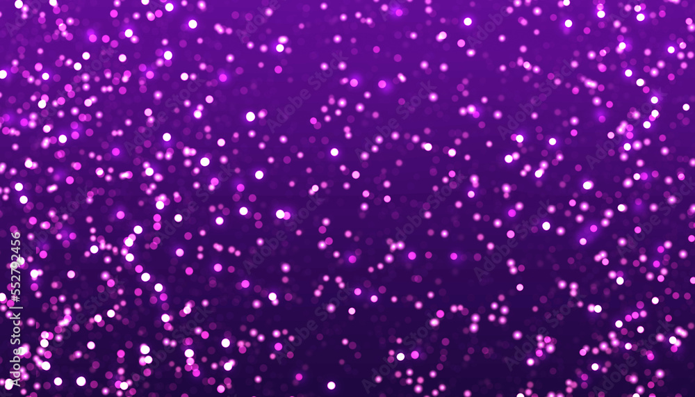 Magical purple gold glitter particles with blurred light as decoration and background