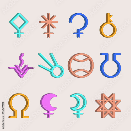 ASTEROID GODDESSES zodiac horoscope thin line label linear design esoteric stylized elements symbols signs. Vector illustration icons