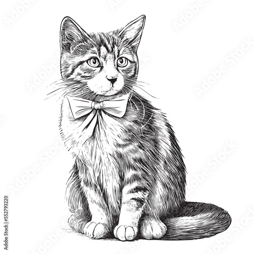 Kitten in bow tie sitting hand drawn sketch Pets Vector illustration.