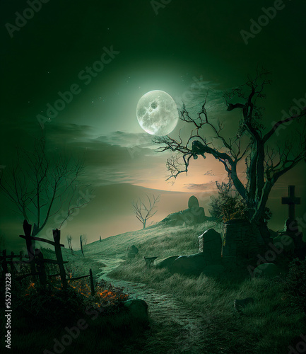creepy landscape with scary trees and spooky cemetery with tombs and crosses at night