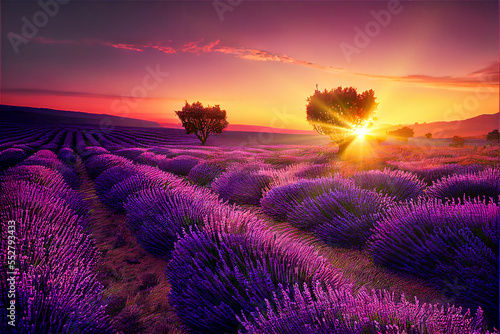Lavender field at sunrise or sunset with golden light and soft purple colors