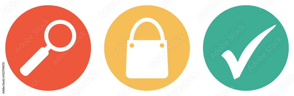 Shopping Suche - Bunter Button Banner mit Einkaufstasche, Lupe und Häkchen Shopping Suche - Bunter Button Banner mit Einkaufstasche, Lupe und Häkchen