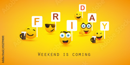 Friday! - Modern Style Weekend's Coming Concept Design, Web Banner With Various Winking and Smiling Emoticons Holding The Letters of the Word for the Last Workday