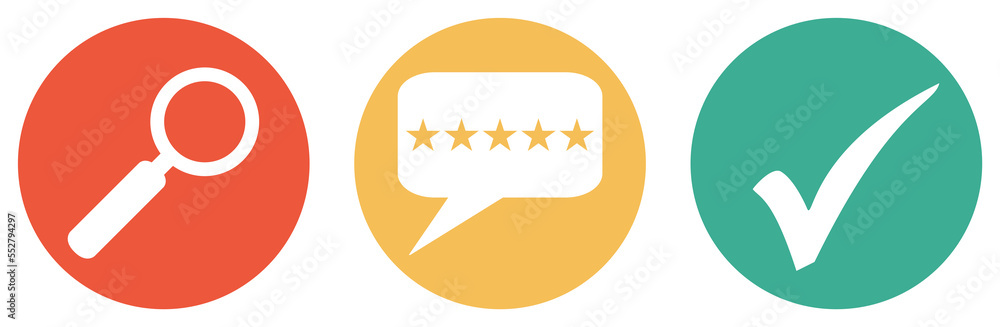 Bewertung Suche - Bunter Button Banner mit Feedback Sprechblase, Lupe und Häkchen Bewertung Suche - Bunter Button Banner mit Feedback Sprechblase, Lupe und Häkchen