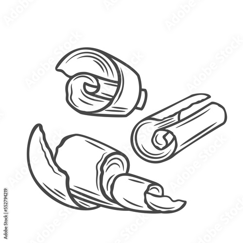 Chocolate shavings line icons set vector illustration. Hand drawn outline spiral curls of choco food ingredient, sweet milk or dark chocolate cut into roll pieces and slices for dessert decoration