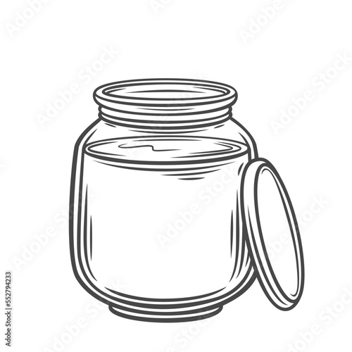 Glass jar line icon vector illustration. Hand drawn outline bottle with lid and liquid food, package with cap and chocolate spread or cream, jar packaging of honey or sweet syrup, breakfast jam