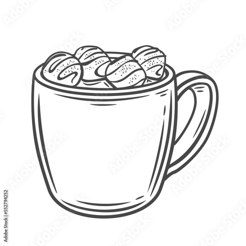 Hot chocolate cup line icon vector illustration. Hand drawn outline cocoa, coffee with milk and marshmallow cubes in mug, winter or autumn warm cozy drink of cafe or home, tasty chocolate beverage