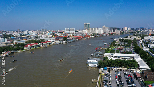 Aerial view Chao Phraya River with wooden and modern boat