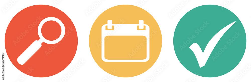 Terminsuche - Bunter Button Banner mit Kalender, Lupe und Häkchen Terminsuche - Bunter Button Banner mit Kalender, Lupe und Häkchen