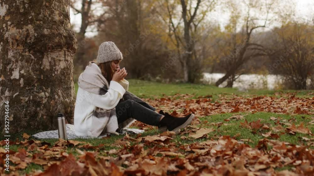 Young beautiful woman sits on a blanket near a tree in a hat and scarf, drinks tea coffee from a thermos, admires the nature of the autumn forest of the park near the lake Young beautiful woman sits on a blanket near a tree in a hat and scarf, drinks tea coffee from a thermos, admires the nature of the autumn forest of the park near the lake