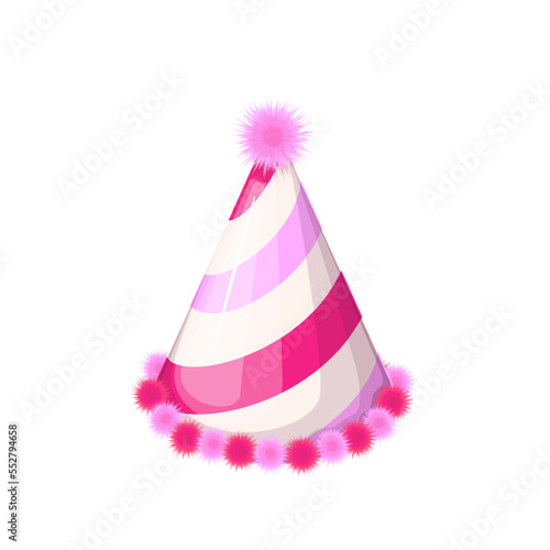Birthday hat vector illustration. Cartoon isolated paper funny cone cap with red, pink and white stripes for anniversary party, Christmas and carnival celebration, festive hat decoration for holidays