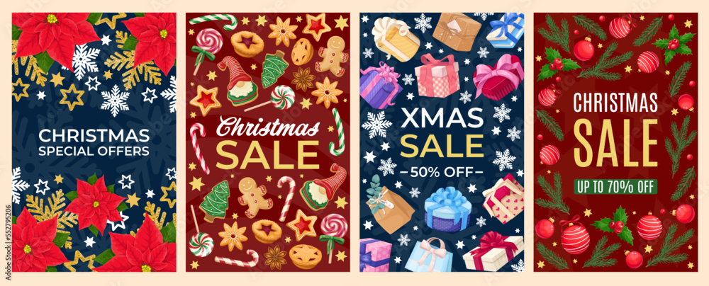 Christmas sales set, banner design template vector illustration. Cartoon Xmas promotions with special discount offers and Christmas Tree decorations, gift boxes with bow, gingerbread and poinsettia Christmas sales set, banner design template vector illustration. Cartoon Xmas promotions with special discount offers and Christmas Tree decorations, gift boxes with bow, gingerbread and poinsettia