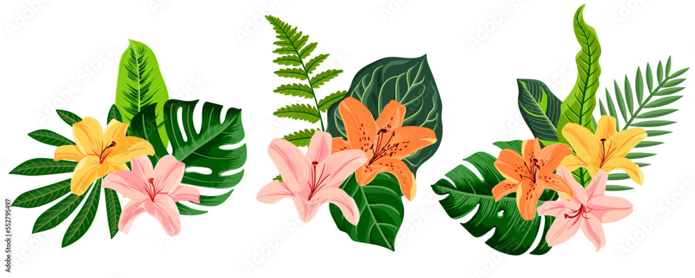 vector drawing green tropical leaves and lily flowers, floral composition, exotic design elements isolated at white background , hand drawn illustration