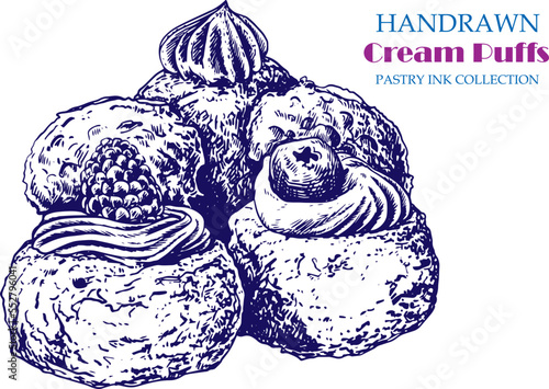 Hand drawn  cream puffs with ink and pen. Vintage black and white illustration. Sweet and dessert vector element.