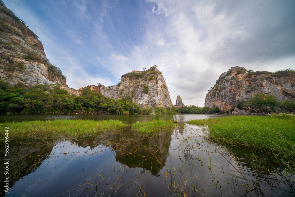 Hin Khao Ngu Park, Khao Ngu Stone Park in Ratchaburi, Thailand also call Snake Mountain. Beautiful stone mountain and lake in Ratchaburi Province