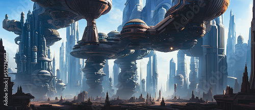 Concept art of a futuristic city, modern buildings in the background.