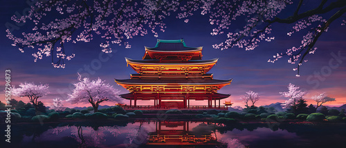 Night Illustration with an Asian temple in the garden. Japan, cherry blossom.