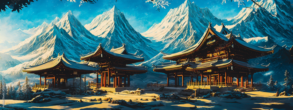 Obraz premium Illustration with an Asian temple in the garden. Japan
