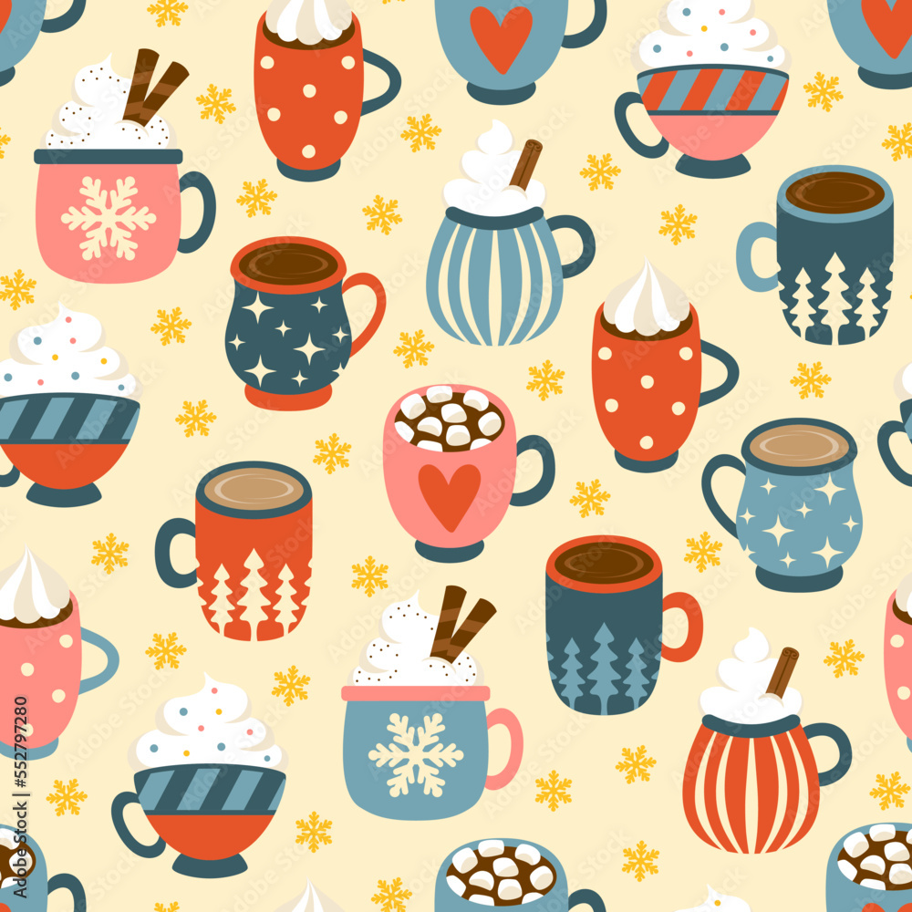 Colorful seamless pattern with different mugs of coffee. Vector illustration. Colorful seamless pattern with different mugs of coffee. Vector illustration.