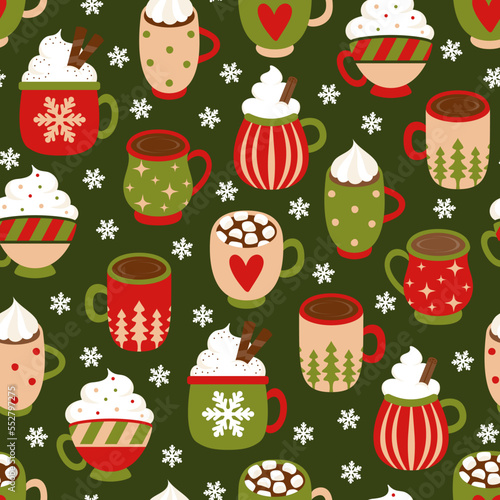 Colorful seamless pattern with different mugs of coffee. Vector illustration.