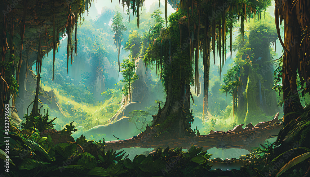 Naklejka premium Wilderness jungle landscape, Tender and dreamy design, background illustration.