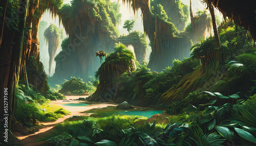 Fototapeta Naklejka Na Ścianę i Meble -  Wilderness jungle landscape, Tender and dreamy design, background illustration.