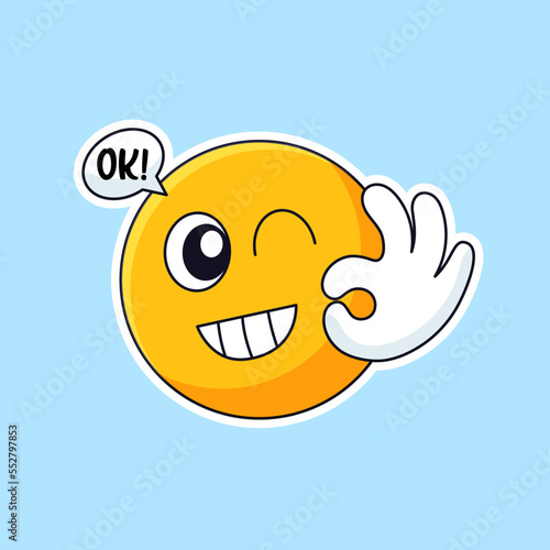 cute blinking eye emoji face with okay hand gesture social media emoticon outline vector illustration design