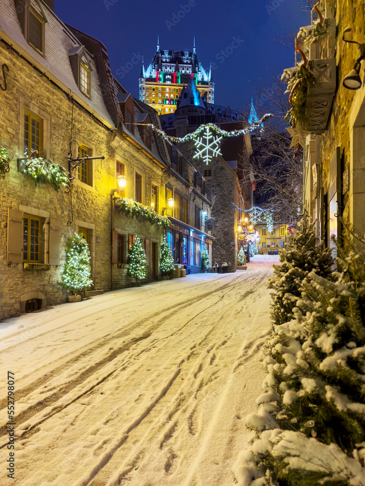 Snow  in December in the festive decorated streets of Old Quebec City, Quebec,Canada