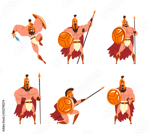 Spartan Man in Red Cloak and Helmet Armed with Spear and Shield Standing and Attacking Vector Set photo