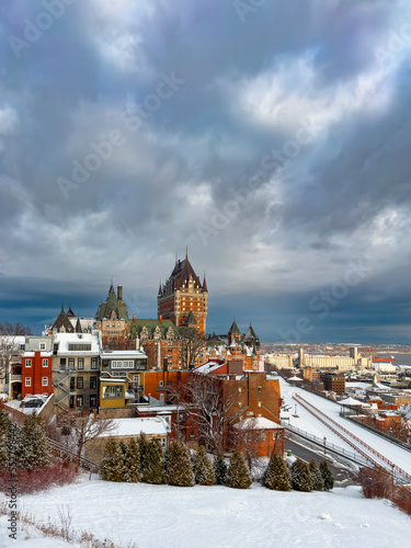 Park with snow and Hotel Chateau Frontenac.Old Quebec City, Quebec,Canada