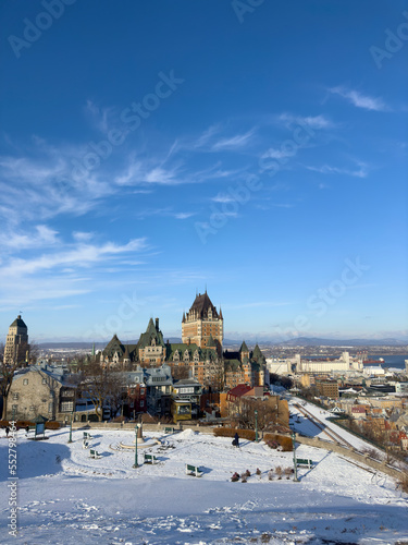 Park with snow and Hotel Chateau Frontenac.Old Quebec City, Quebec,Canada photo