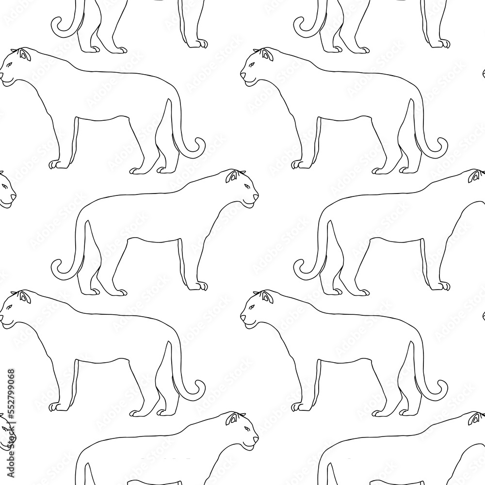 One line seamless pattern lion or panther isolated on white. black outline. modern stock Illustration of the exotic tropical animal. For gift wrapping, textile, wallpaper, scrubbing, web page lights,