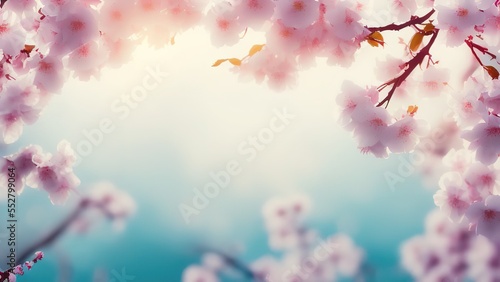 Spring banner, branches of blossoming cherry against the background of blue sky.