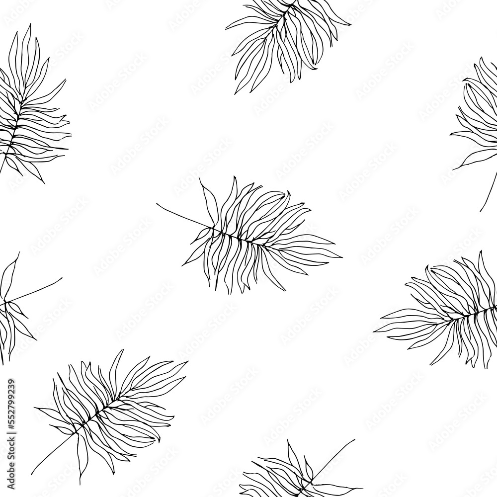Seamless pattern with black outline palm branches isolated on white ...