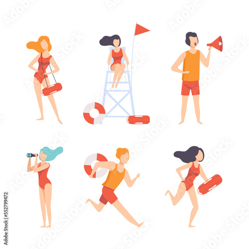 Man and Woman Beach Lifeguards with Megaphone, Lifebuoy and Binoculars Ensuring Safety Vector Set