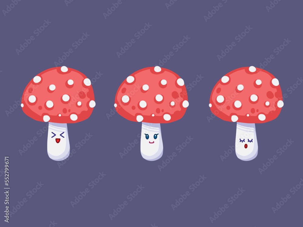 Sets of three red wild pretty forest mushroom vector avatar character mascot illustration isolated on plain dark gray background. Kawaii cute character drawing with cartoon flat art style.