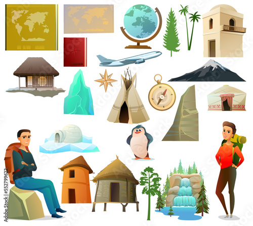 Set World geography objects.Travel items and plants trees of climatic zones. Dwellings of different peoples of countries. Isolated on white background. Vector.