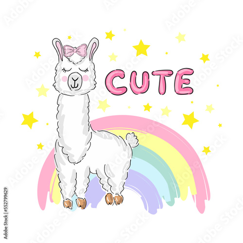 Cute print llama alpaca with rainbow and lettering. Vector illustration.