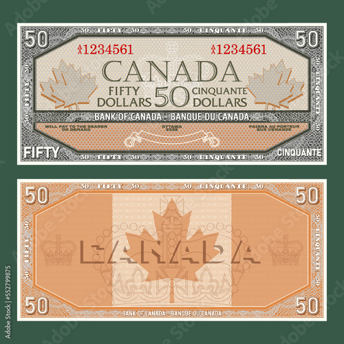 Vector vintage fictional Canadian money. Obverse and reverse of the gaming banknote with guilloche frame. The inscriptions in French mean fifty dollars and bank of Canada.