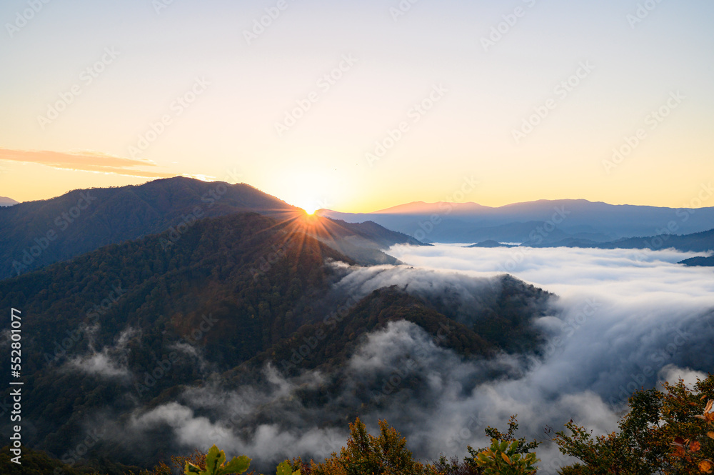 新潟　朝の枝折峠と滝雲