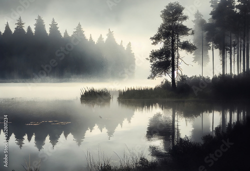 morning mist over the river. Designed by Generative AI
