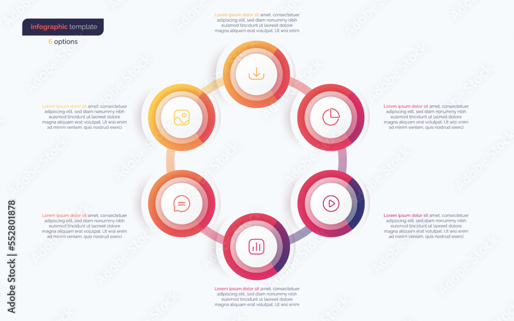 Six option circle infographic design template. Vector illustration Six option circle infographic design template. Vector illustration