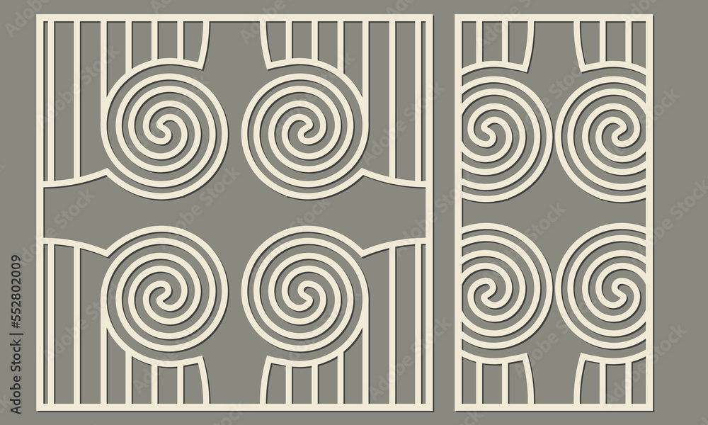 Laser cutting of decorative panels. Abstract geometric pattern of spiral shape and lines. Template for cutting plywood, wood, paper, cardboard and metal. Laser cutting of decorative panels. Abstract geometric pattern of spiral shape and lines. Template for cutting plywood, wood, paper, cardboard and metal.