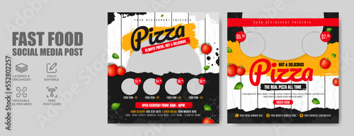 Fast food restaurant pizza sale business online marketing social media post. Food menu promotion flyer with abstract background, logo and icon. Digital web banner for healthy burger or hamburger.