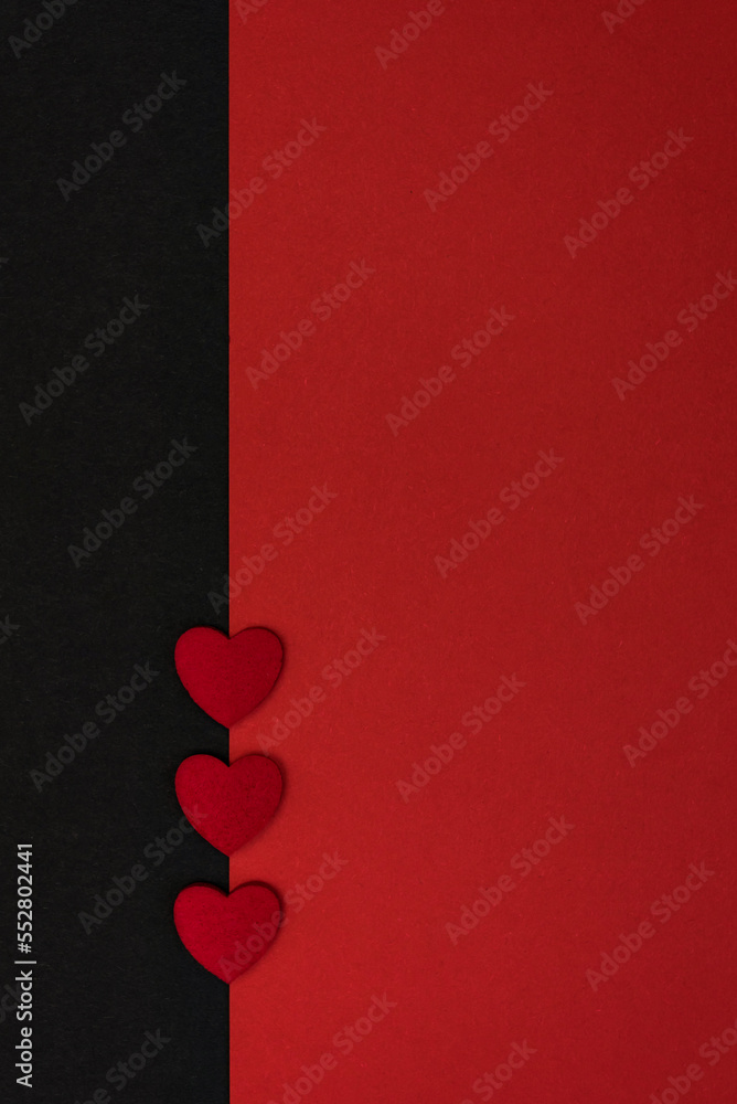 Simple black and red background for greeting with hearts, for Valentine's day or wedding