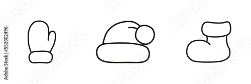 Isolated outlines of hat, boot, and mitten on a white background. Set of vector illustrations. For winter designs, Christmas prints, paper, decors, stickers, invitations, cards, and the web.